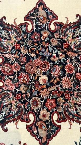A close-up of an ornate floral rug pattern with a central medallion and symmetrical paisley-like borders. The design features red, pink, blue, green, and cream tones on a dark ground, with a light cream background visible around the edges.