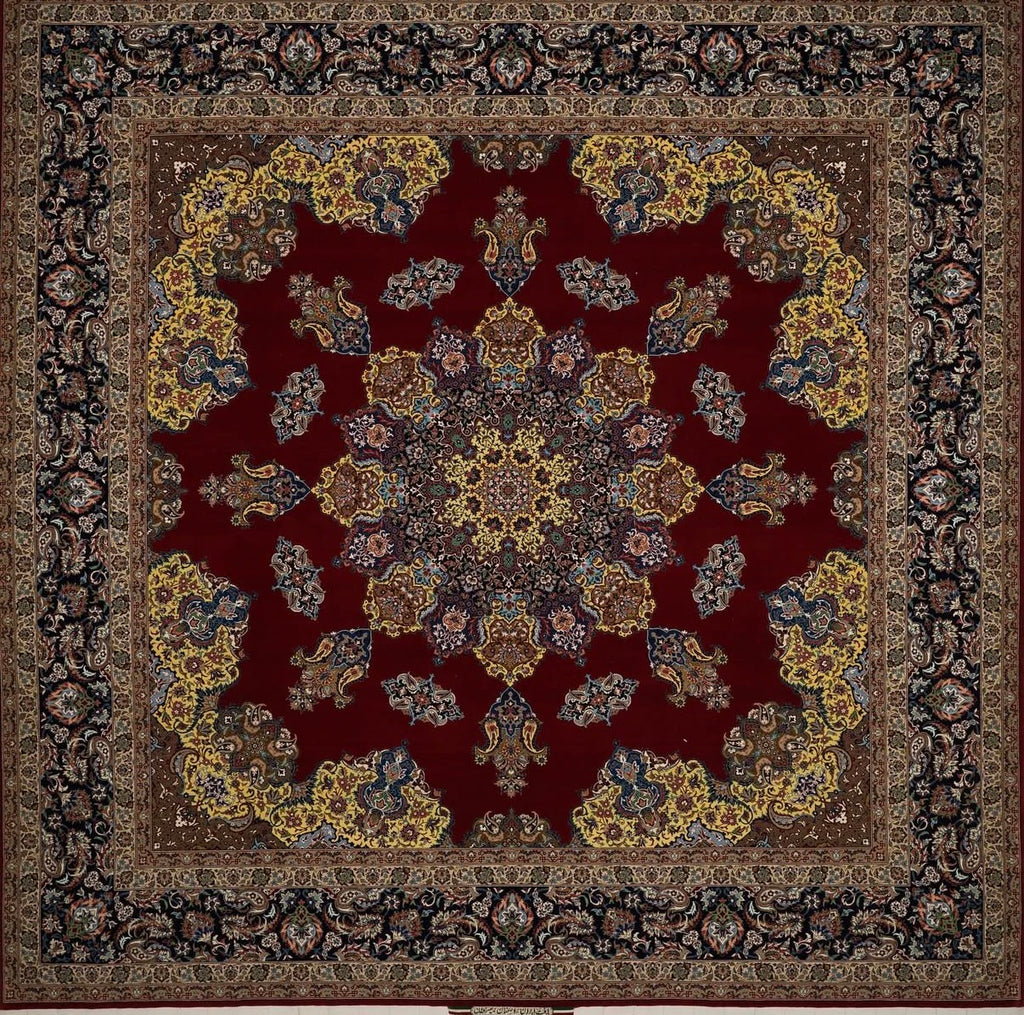 Decorative rug with intricate patterns on a red background