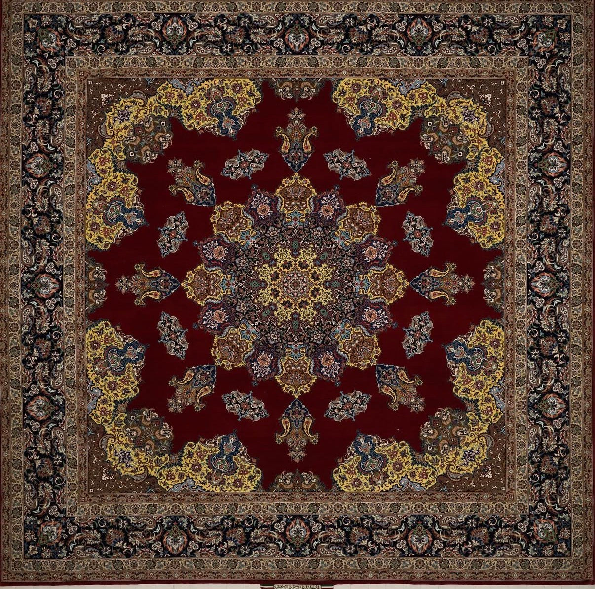 Decorative rug with intricate patterns on a red background