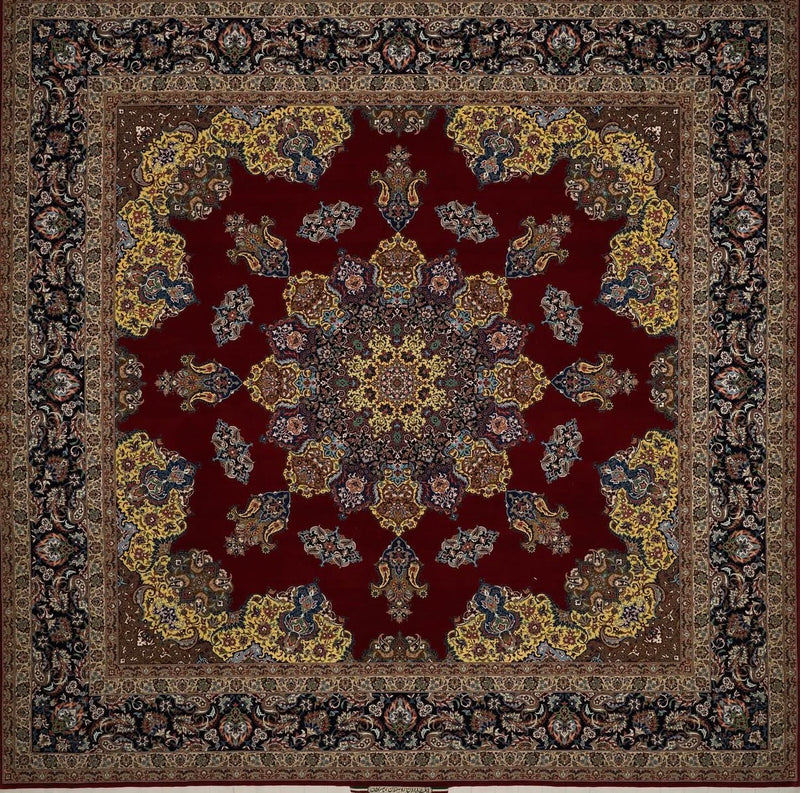 Decorative rug with intricate patterns on a red background