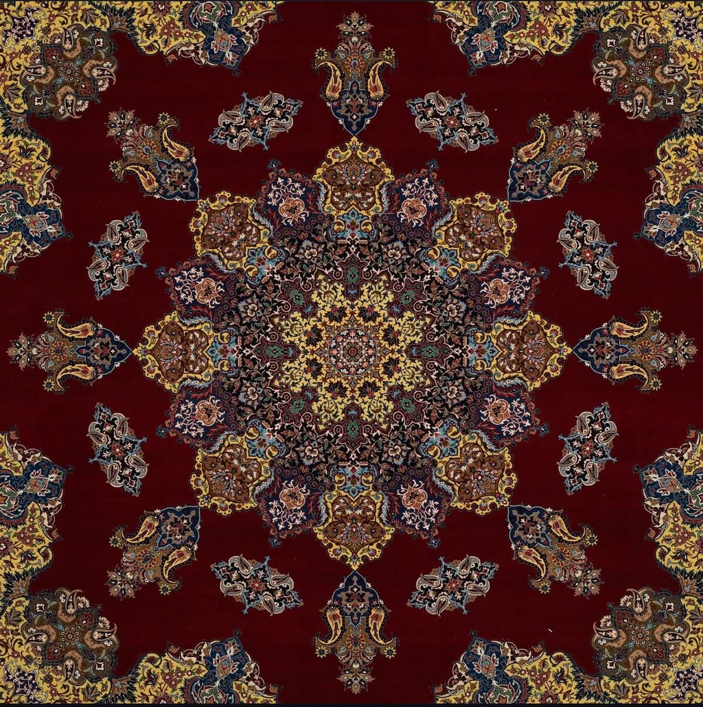 Decorative rug with intricate paisley pattern on a red background