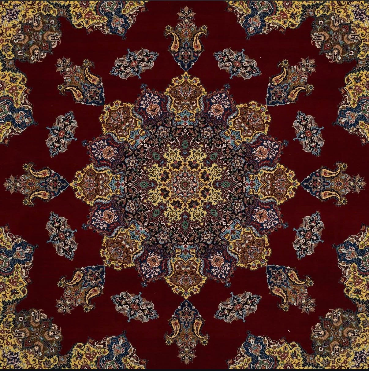 Decorative rug with intricate paisley pattern on a red background