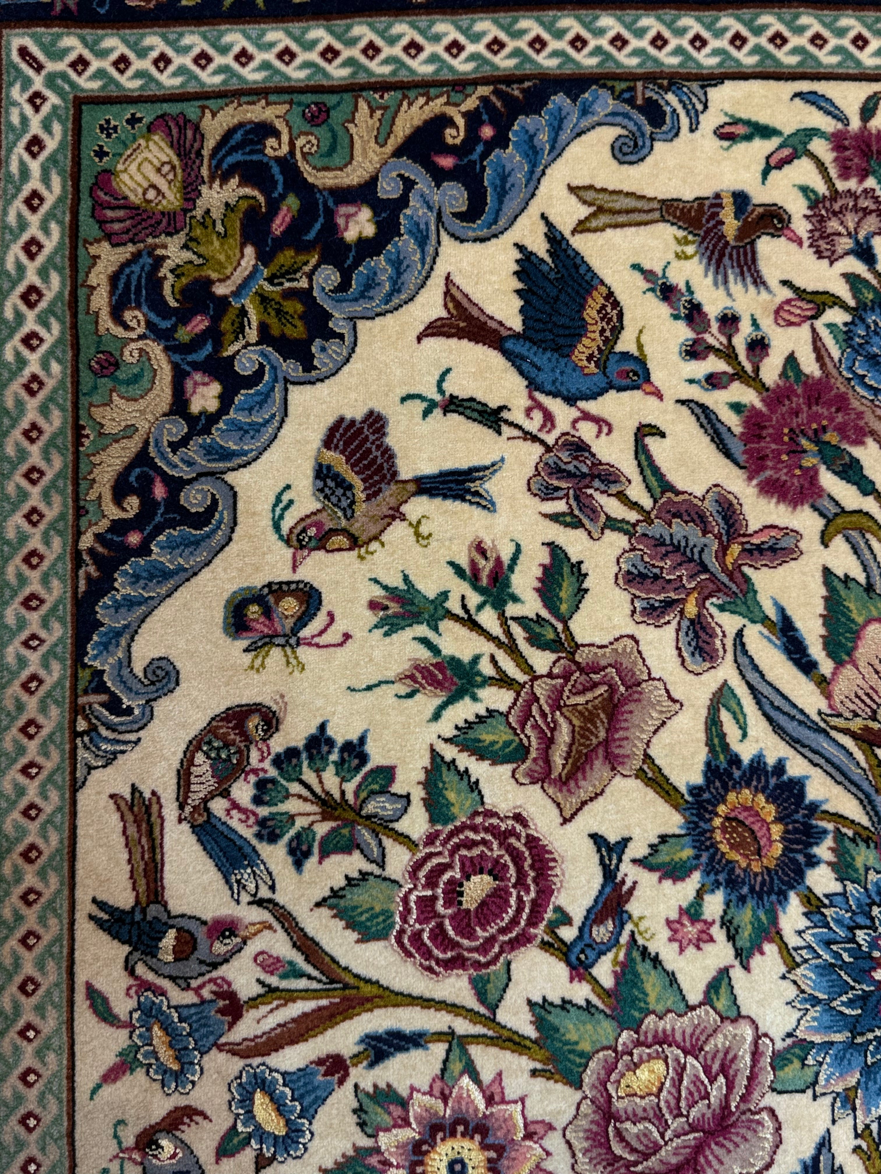 Decorative rug with intricate floral and bird patterns