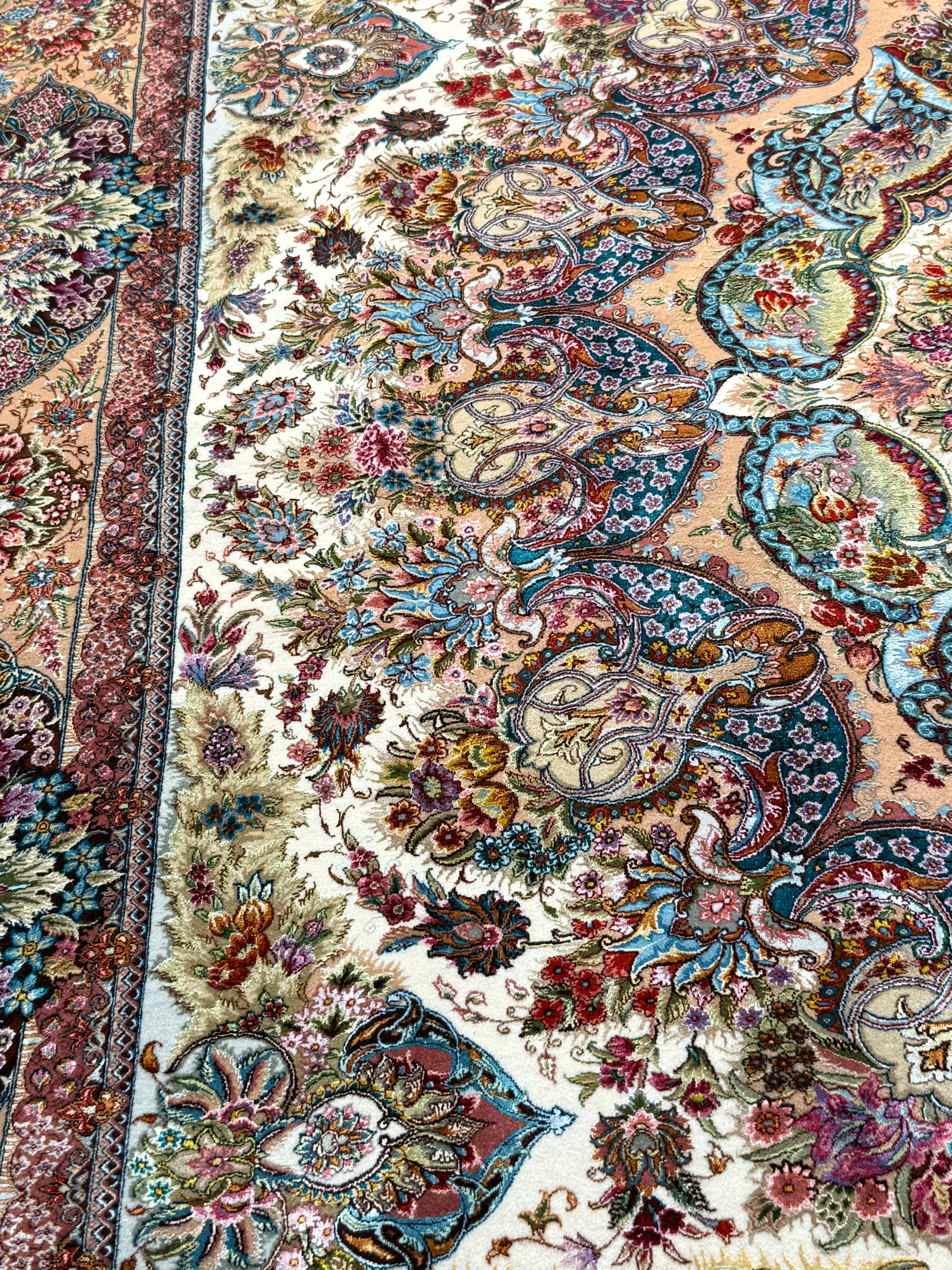 Close-up of a colorful patterned rug with intricate designs tabriz highly detailed high density