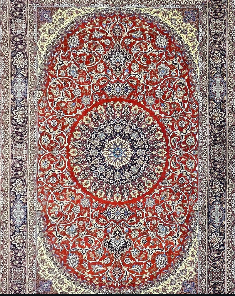 Decorative rug with intricate patterns and a central red circle