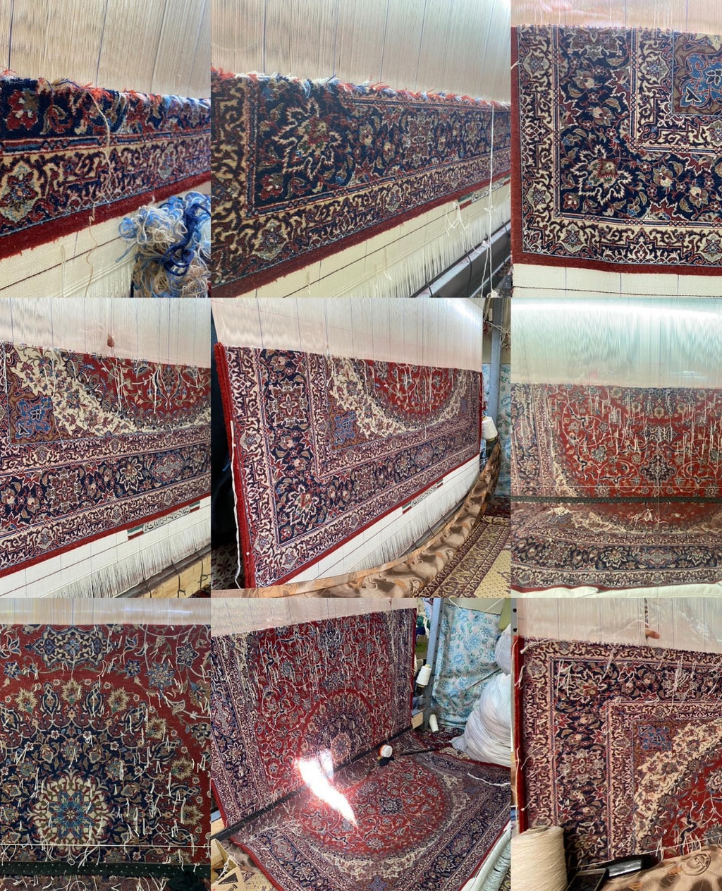 Collage of a patterned rug with intricate designs on a white background