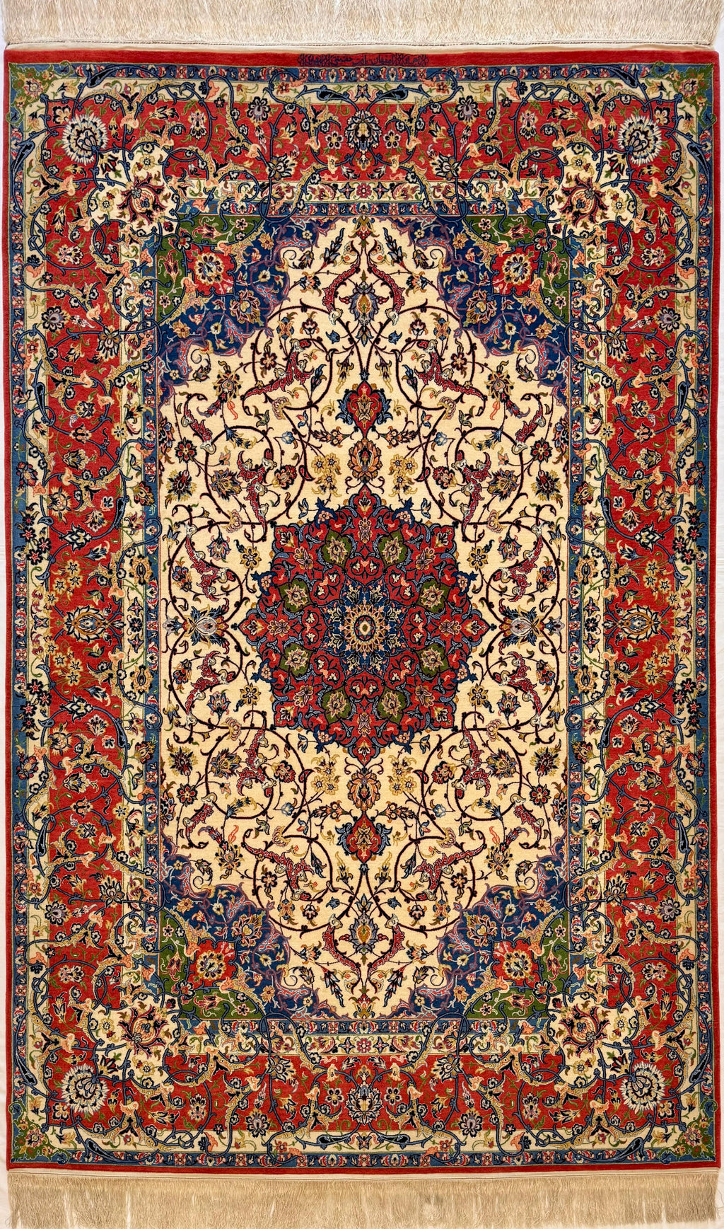 Decorative rug with intricate patterns and a central star design on a beige background
