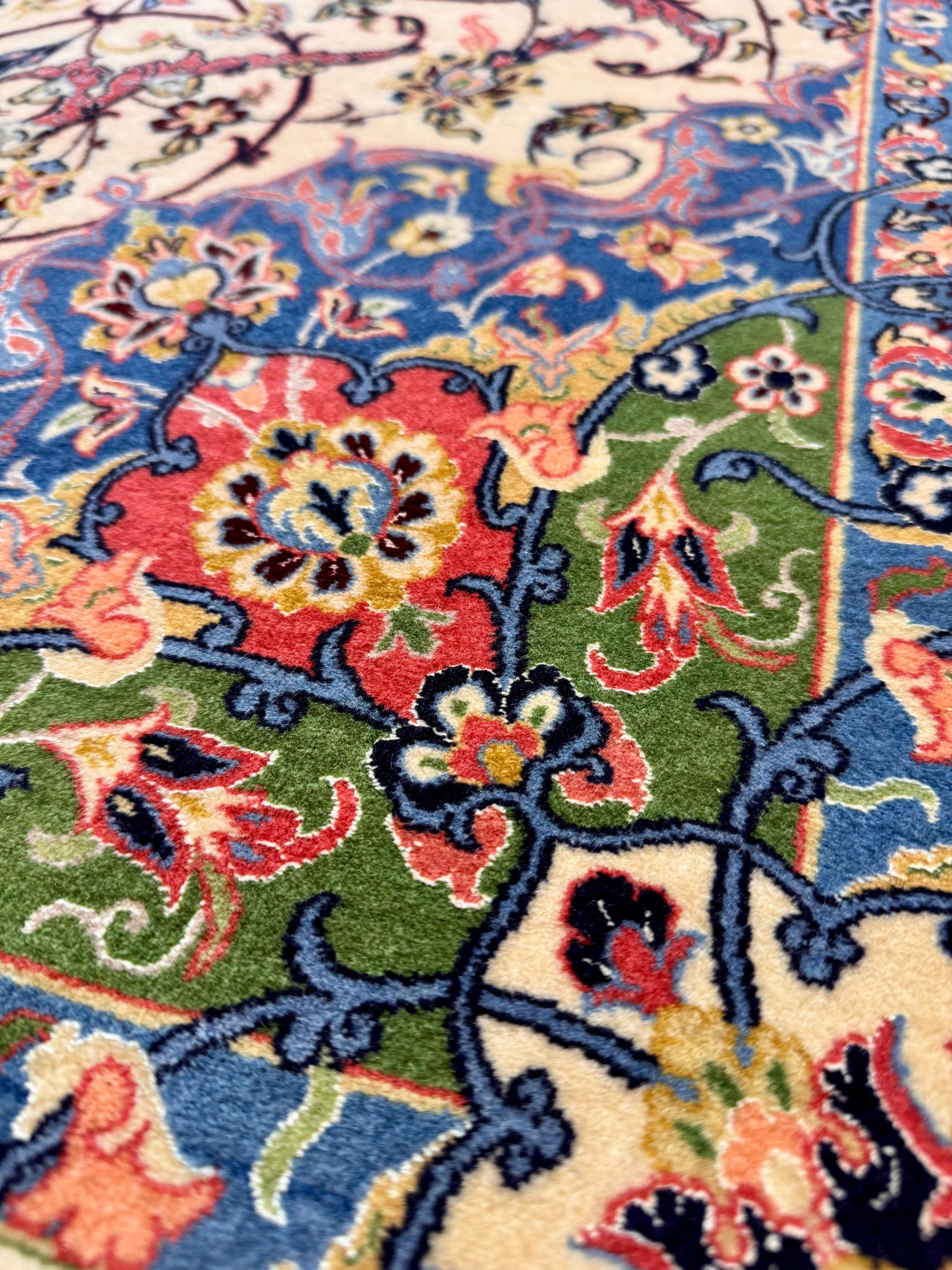 Close-up of a colorful floral patterned rug with intricate details.