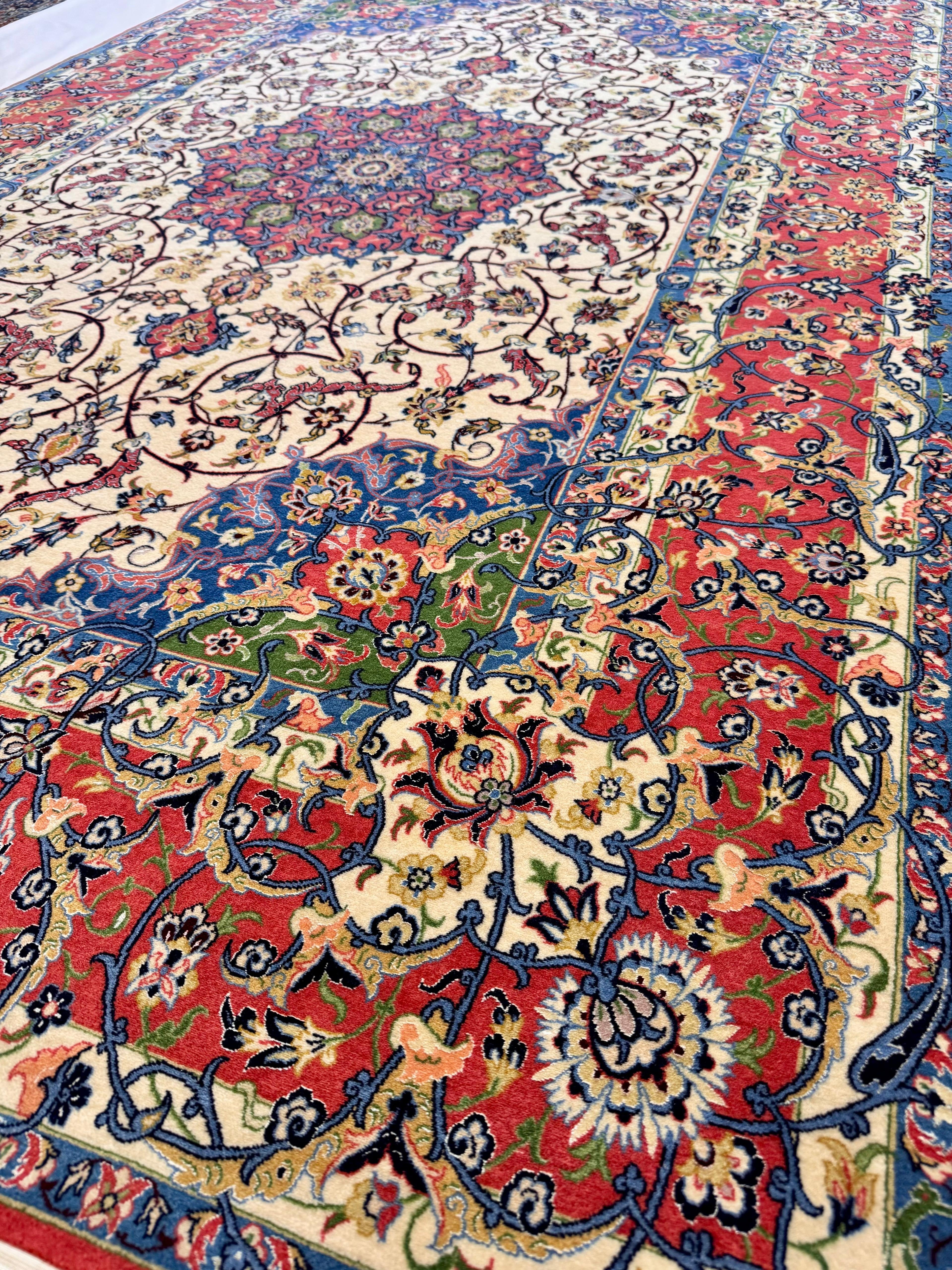 Close-up of a colorful patterned rug with intricate designs.
