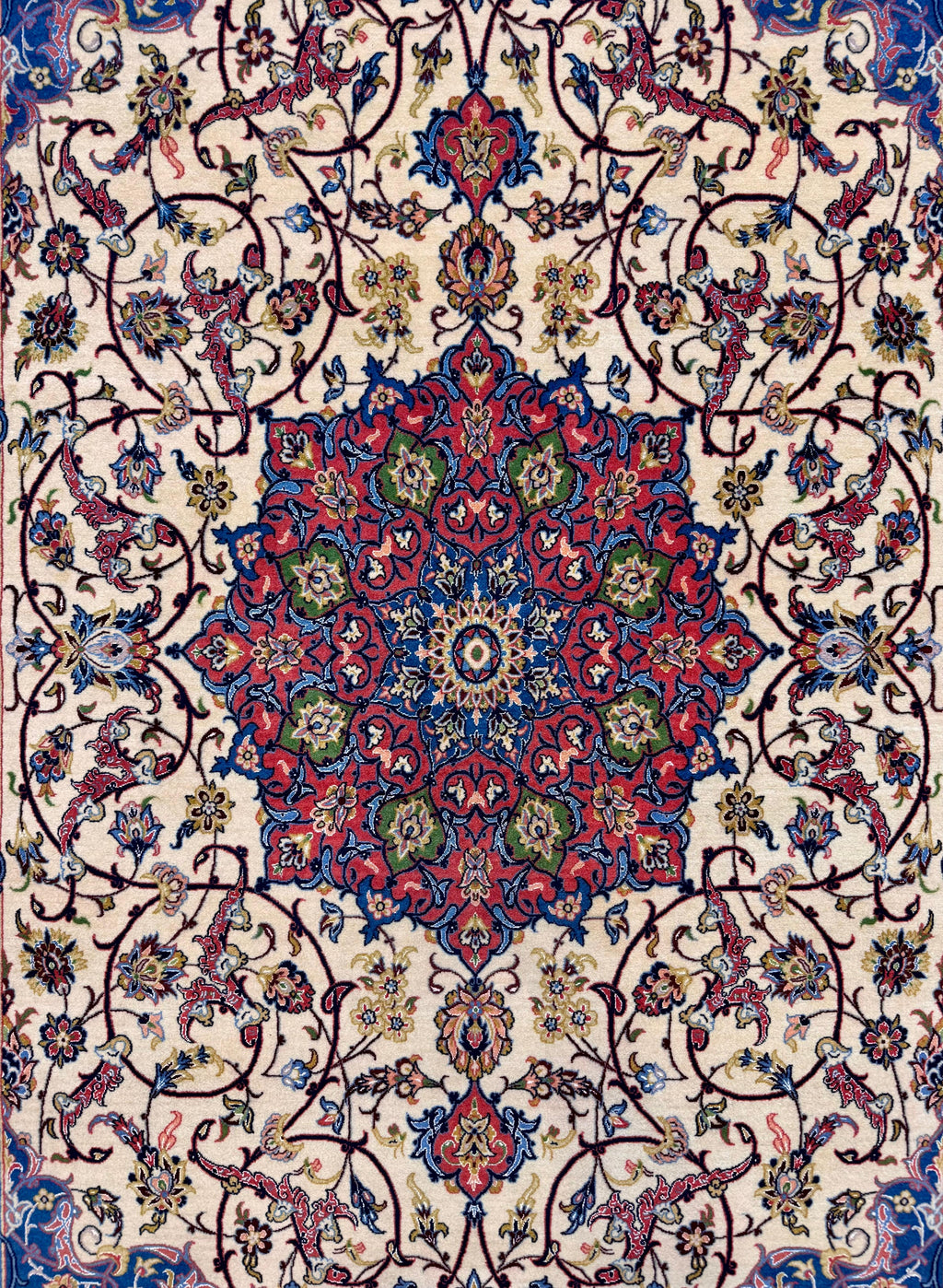 Decorative rug with intricate floral patterns and a central medallion on a beige background.