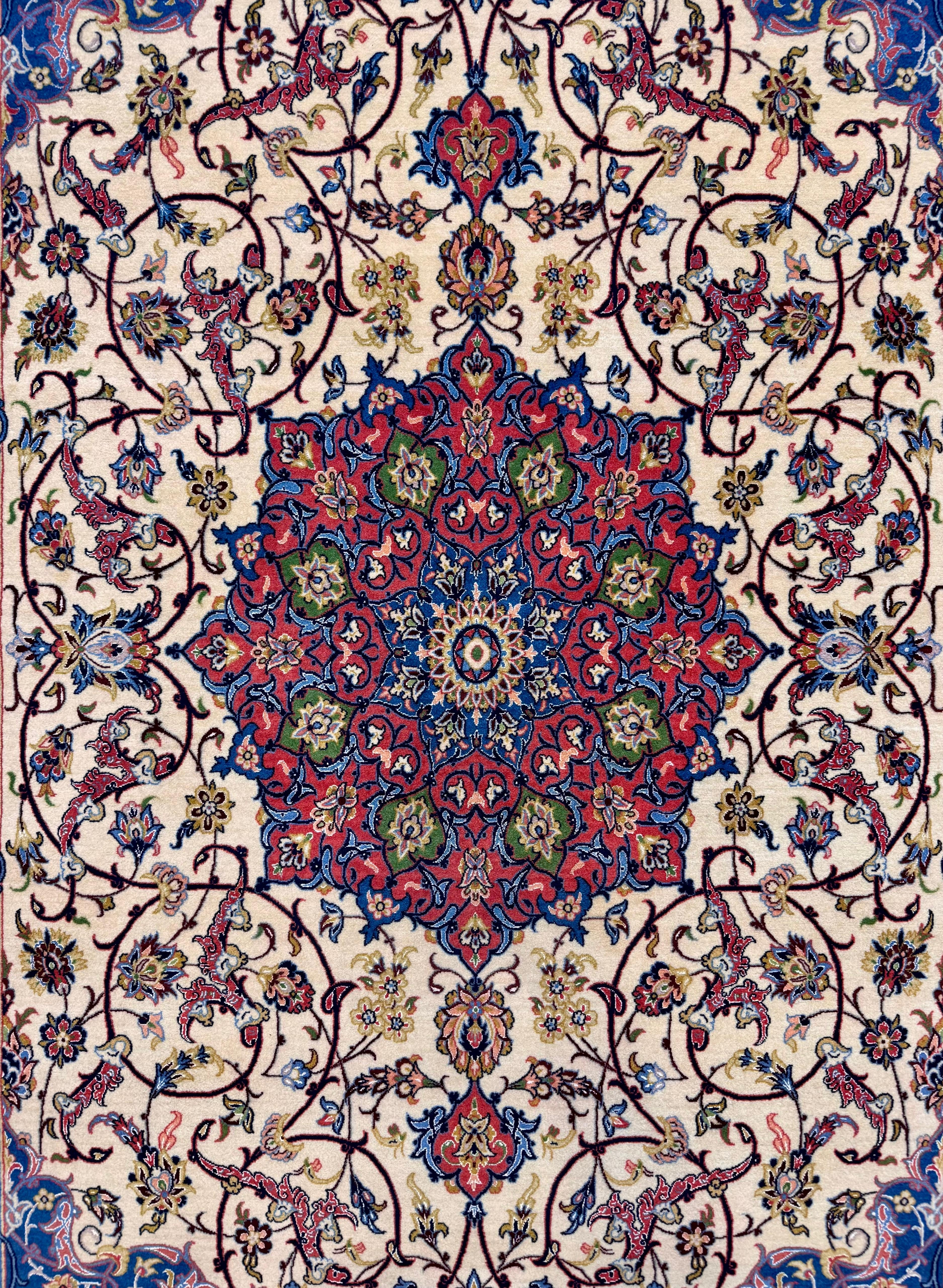 Decorative rug with intricate floral patterns and a central medallion on a beige background.