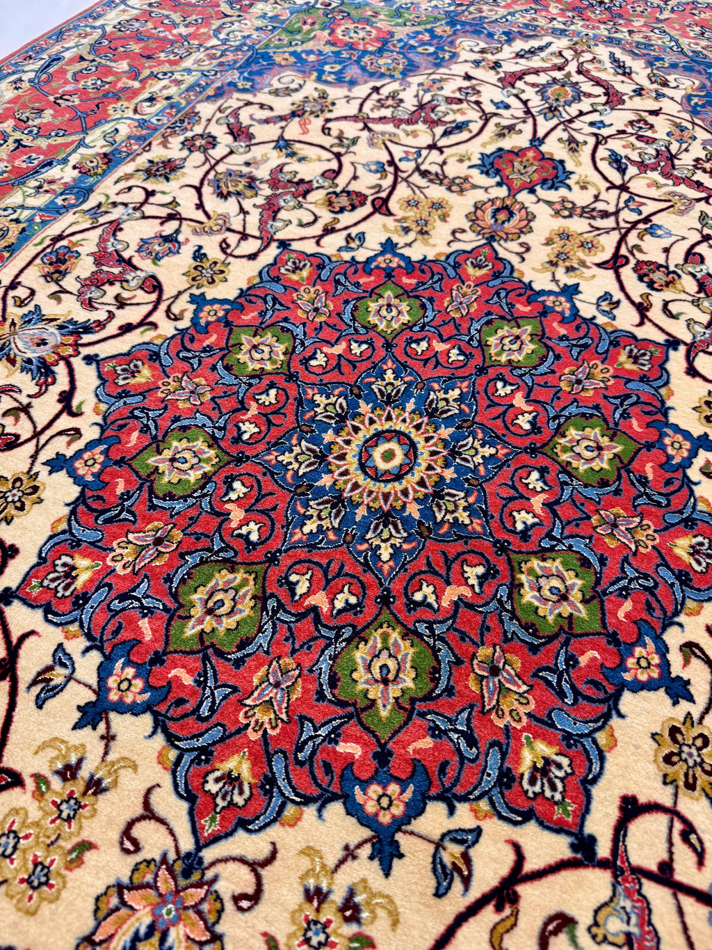 Close-up of a colorful Persian rug with intricate patterns