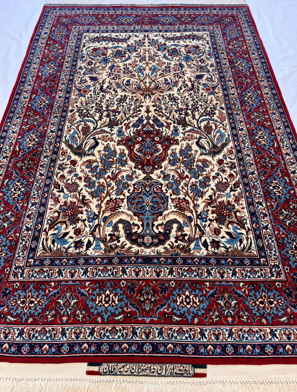 Decorative rug with intricate patterns on a white background