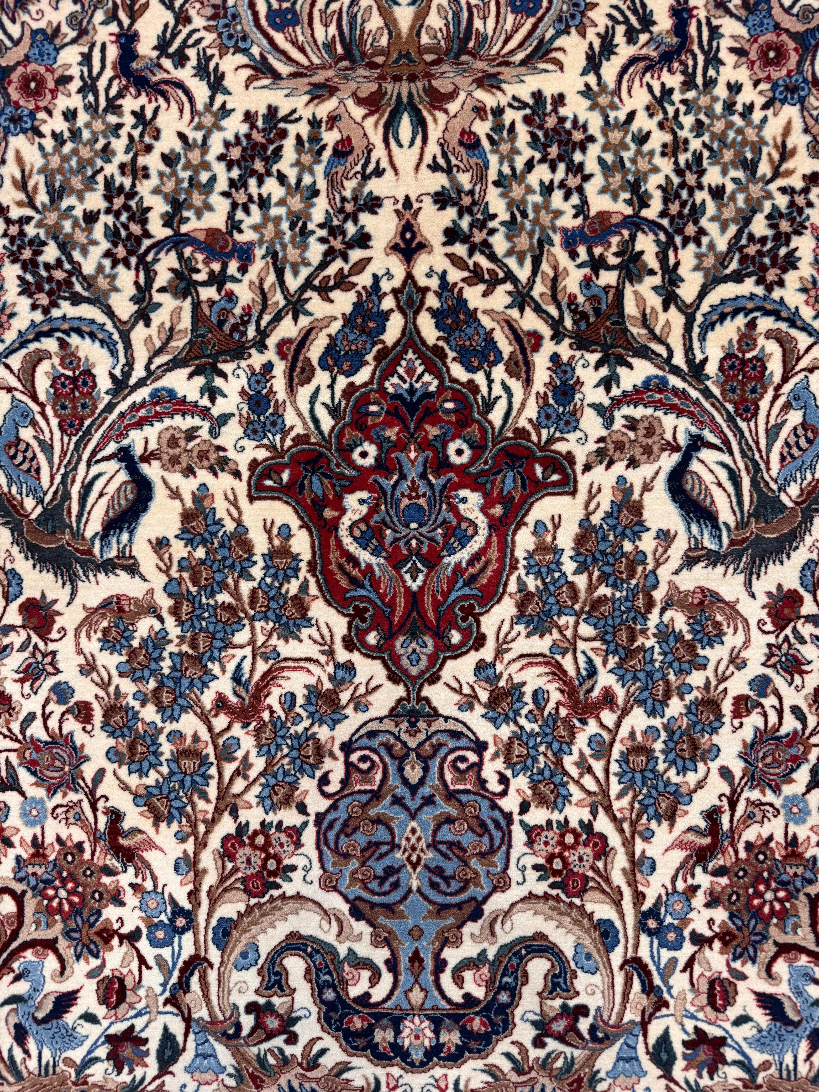 Decorative patterned fabric with intricate designs in red, blue, and beige.