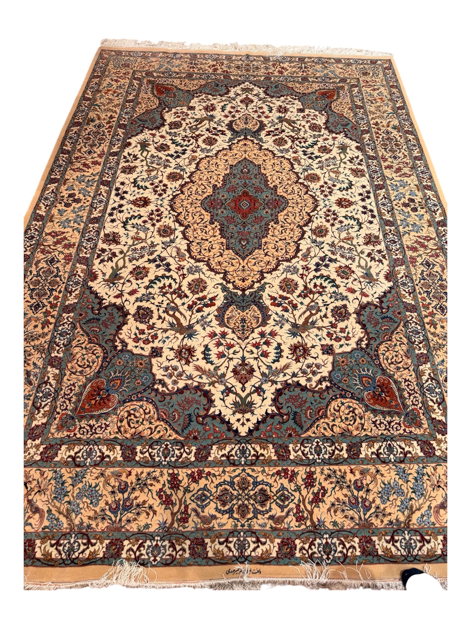 Decorative rug with intricate patterns on a white background