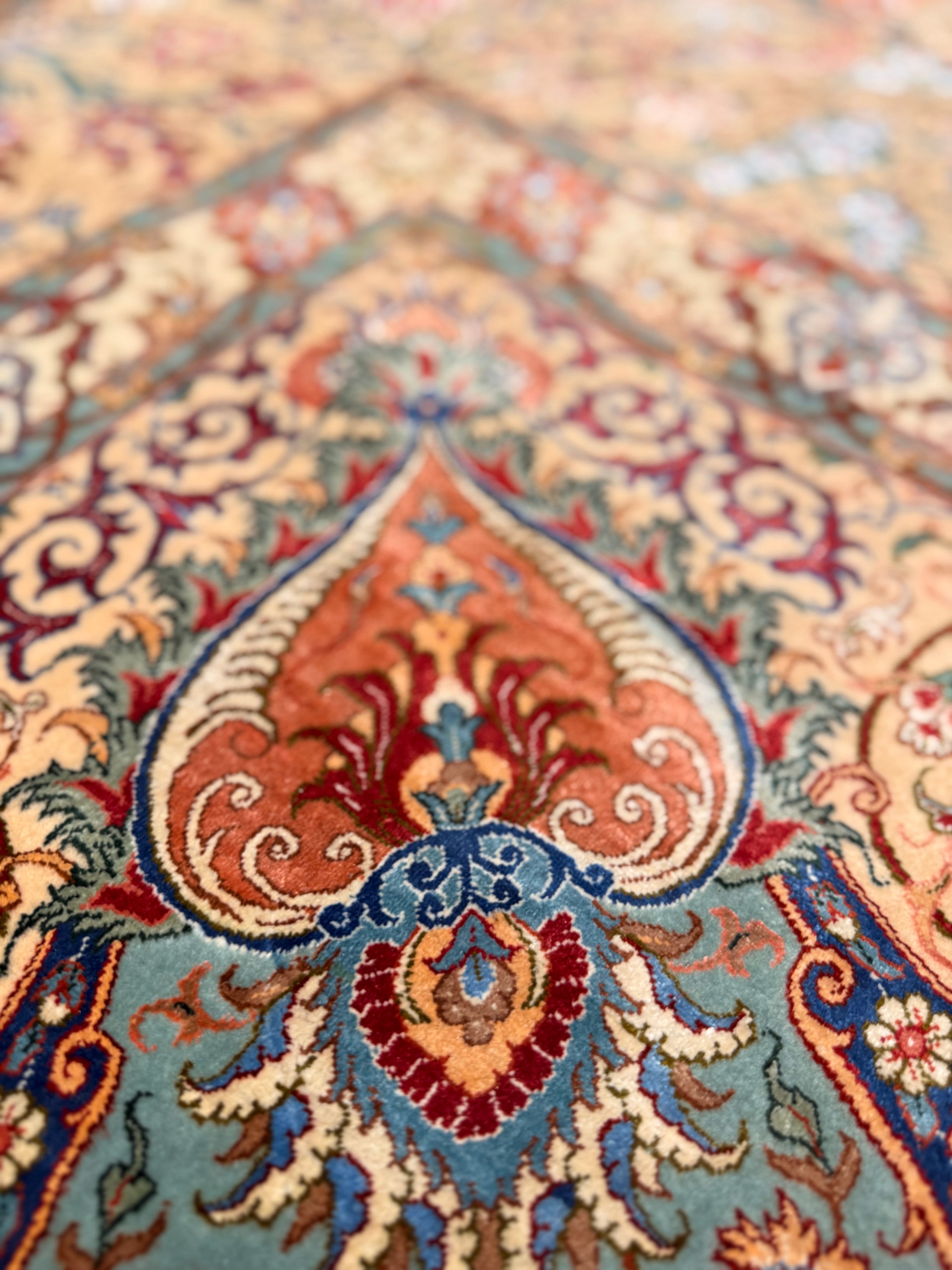 Close-up of a patterned rug with intricate designs.